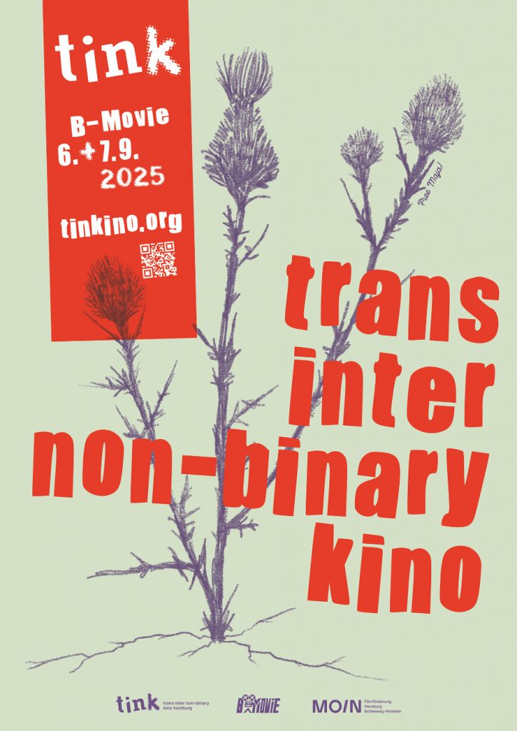 tink Plakat: hellgrüner Hintergrund, davor eine lila Illustration einer Distel, rote Schrift: trans inter non-binary kino.