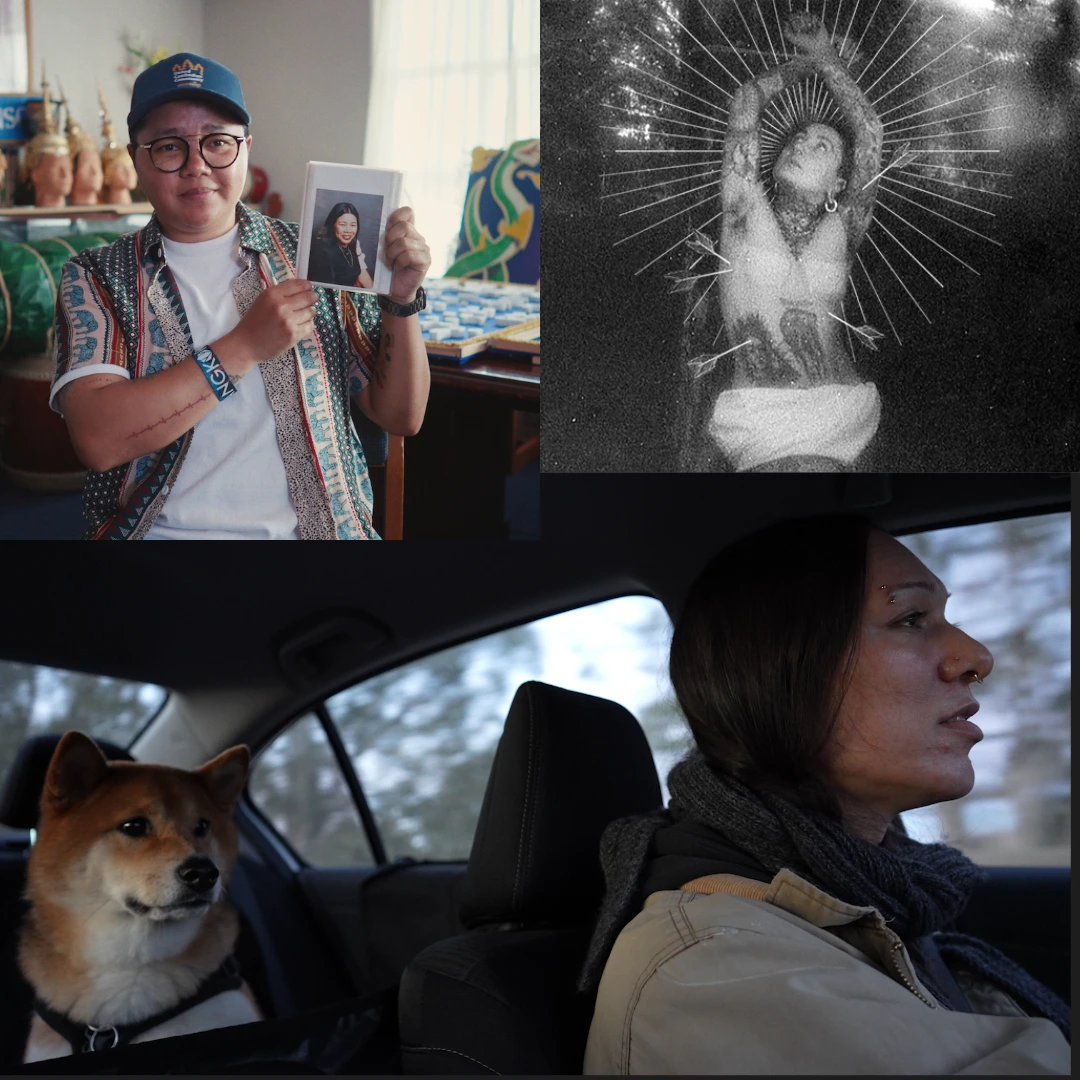 Fotocollage: Eine Person im Auto mit Hund, eine Person sitzt auf Stuhl und hält ein Foto hoch und eine Person sieht aus wie Jesus.